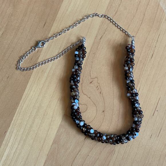 JTV New Chocolate Brown Banded Agate Knitted Necklace Sterling Silver NIB Box - Picture 2 of 6